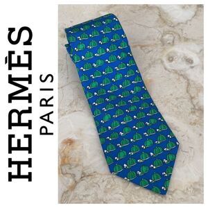 Hermes 100% Silk Blue & Green Horse Jockey Hat (684 OA) Tie